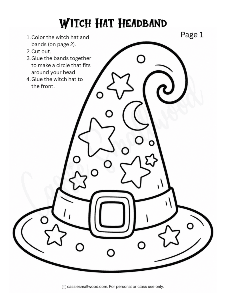 free printable witch hat headband template pdf, large witch hat outline, witch hat coloring page for kids Halloween, Halloween activity for kids, color cut and paste halloween activity sheet, Halloween headband activity for children
