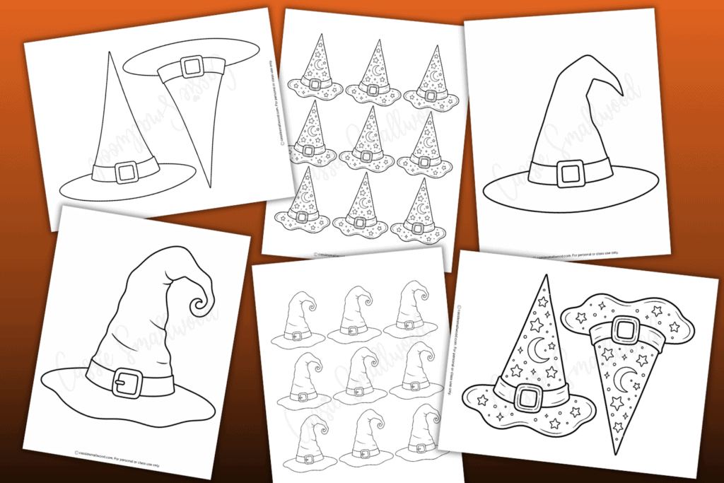 free printable witch hat outlines pdf, witch hat templates small medium large, little and big witch hat stencils, witch hat patterns for Halloween crafts and Halloween activities