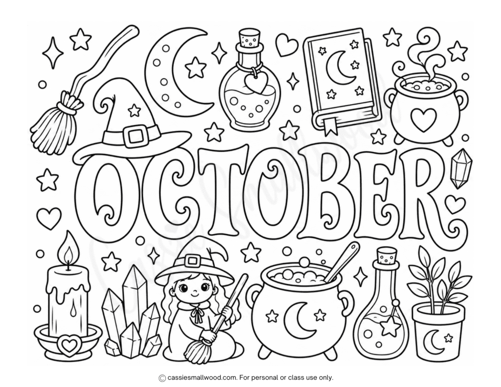 witchy October coloring page free printable pdf, cute kids October coloring page easy toddler preschool kindergarten, witch Halloween coloring page for kids free printable download