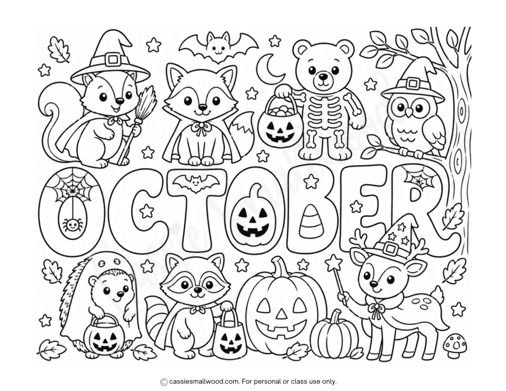 cute woodland Halloween October coloring page free printable pdf, cute Halloween coloring page for kids, woodland animals coloring page, simple full page October coloring sheet
