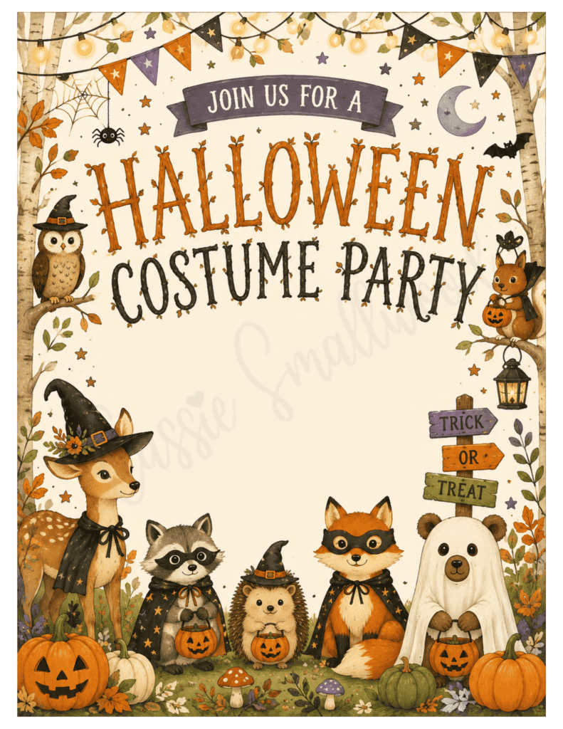 woodland Halloween party invitation free printable pdf, cute halloween party for kids preschool Halloween party invites, cute Halloween party invitation blank template