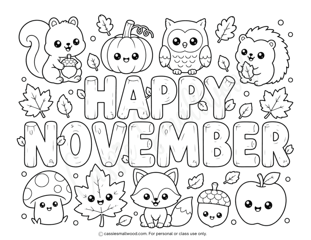 woodland happy November coloring sheet free printable pdf, woodland animals coloring page for kids, easy November coloring page toddlers, simple November coloring page preschool, cute fall coloring page kindergarten, kawaii November coloring sheet first grade