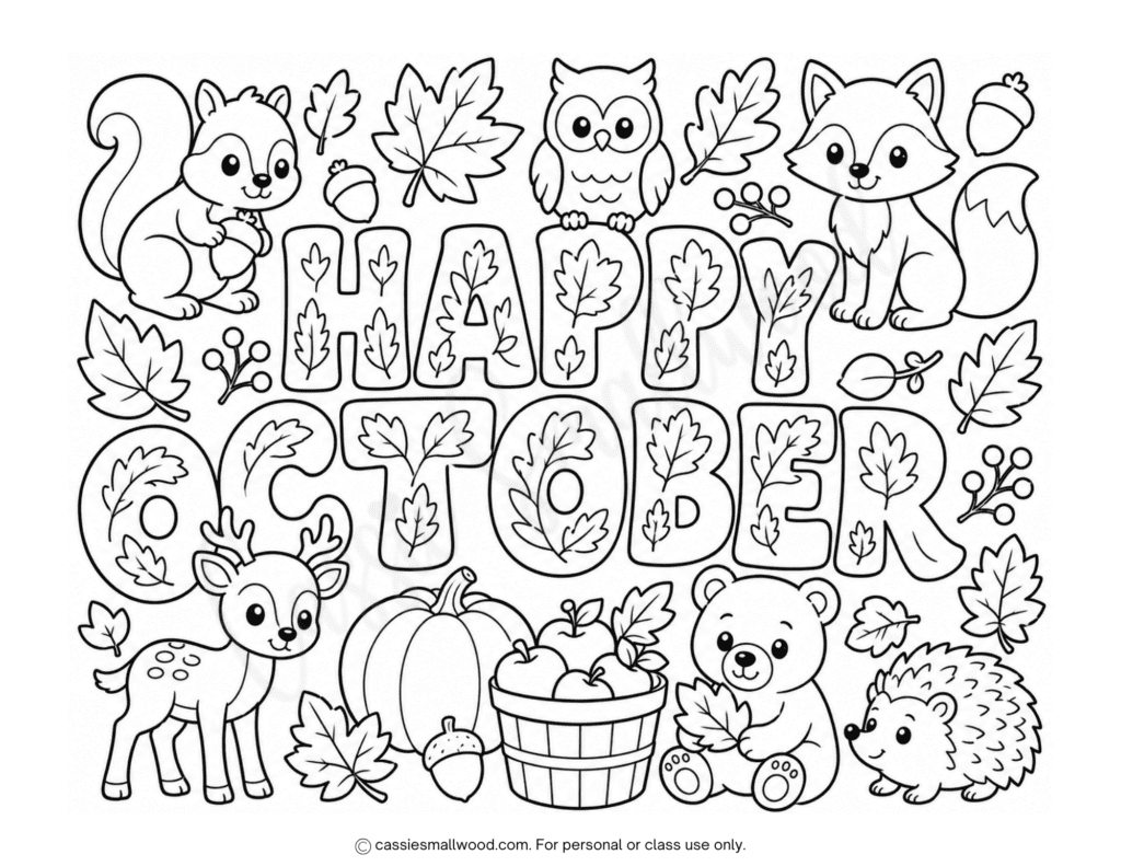 woodland animals Happy October coloring page for kids free printable pdf, cute fall coloring page for kids, woodland animals coloring sheet