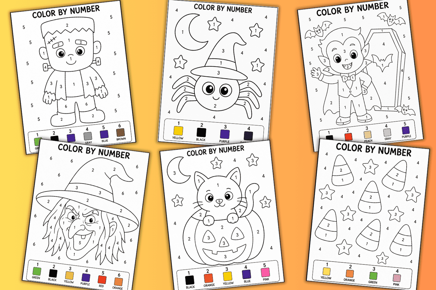 easy halloween color by numbers for kids free printable pdf, simple Halloween color by number coloring pages preschool, Kindergarten halloween activity sheets, first grade halloween worksheets free download