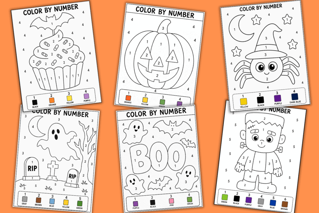 free printable simple Halloween color by numbers pdf, easy Halloween color by numbers for kids, preschool Halloween coloring pages, Kindergarten free printable Halloween activities, 1st grade Halloween worksheets free download