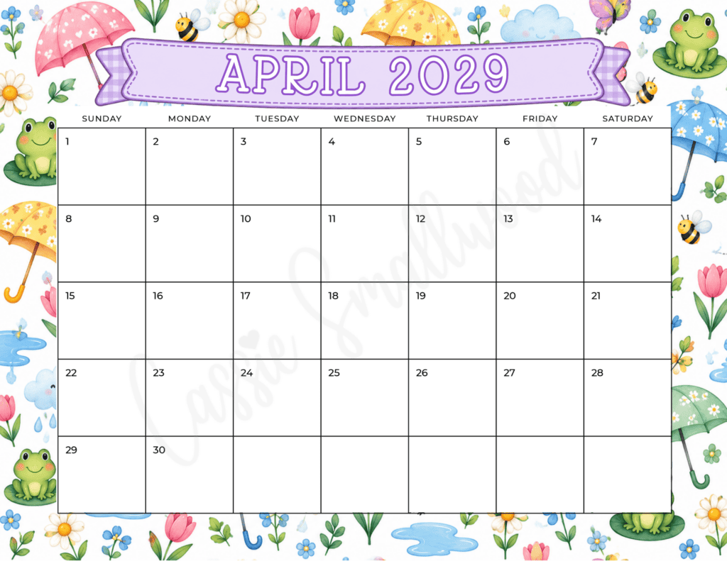 cute free printable April 2029 calendar pdf, free printable 2029 monthly calendar cute colorful, classroom 2029 calendar free printable, year calendar 2029 free download