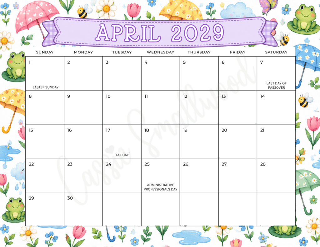 free printable April 2029 calendar with holidays, cute monthly 2029 calendar with holidays colorful free printable pdf, 2029 year calendar holidays free download