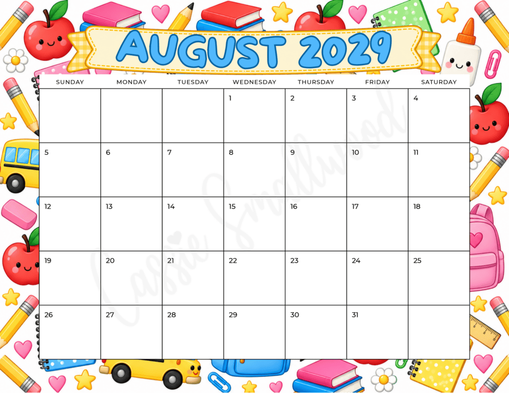 cute August 2029 calendar free printable pdf, colorful monthly calendar 2029 free download, kids 12 month 2029 calendar page landscape