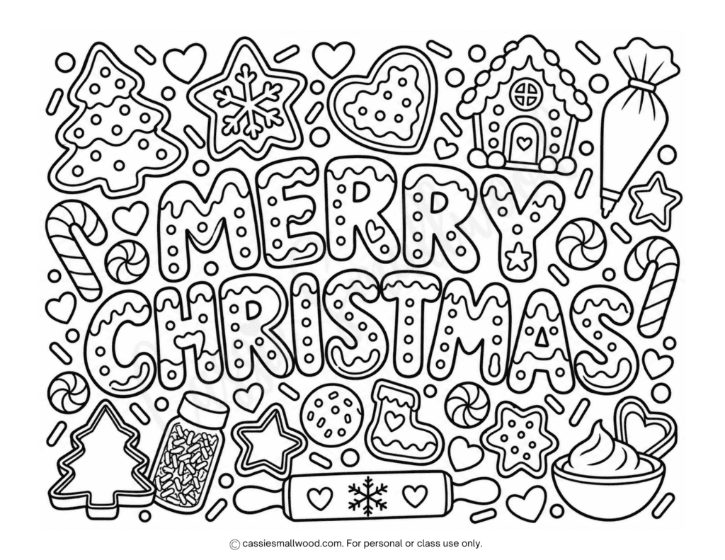 free printable baking Merry Christmas coloring page pdf, cute Christmas cookie coloring page for kids, fun Christmas coloring activity for kids, holiday baking coloring page