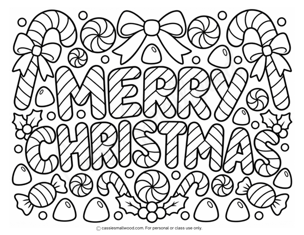 candy cane Merry Christmas coloring page printable free pdf, Cute Christmas coloring page for kids, Christmas morning activity for kids, Christmas classroom activity free printable