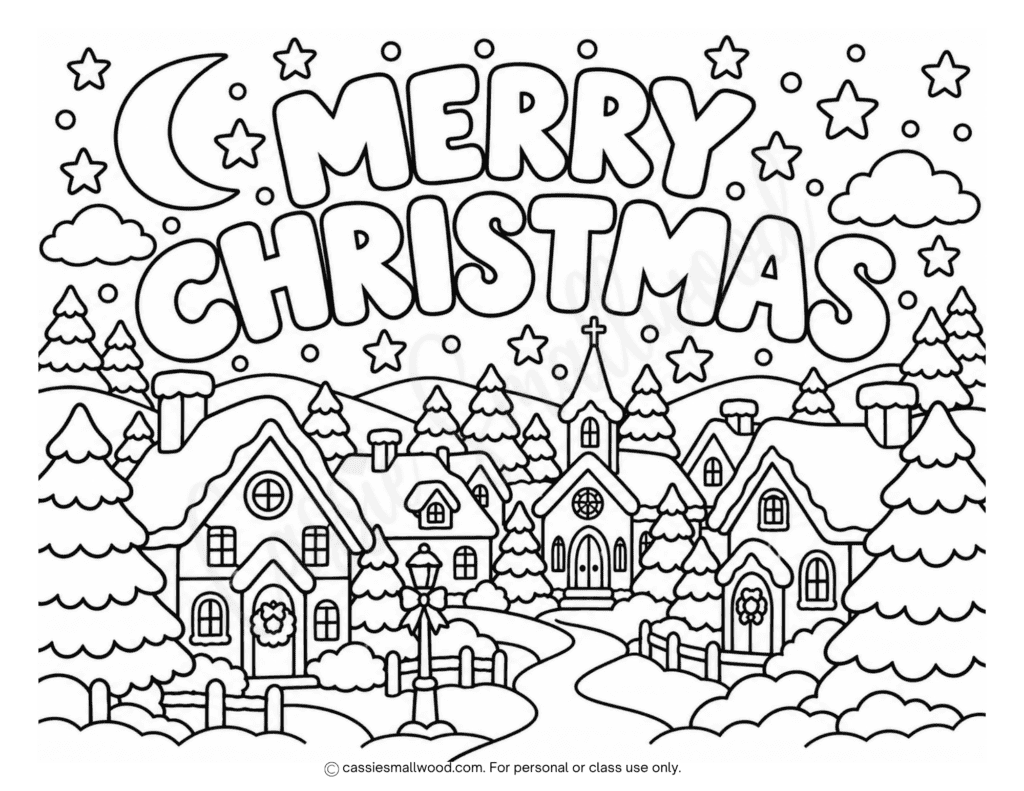 free printable Christmas village Merry Christmas coloring page pdf, cute Christmas coloring sheets for kids, holiday coloring pages, Christmas travel activity pages