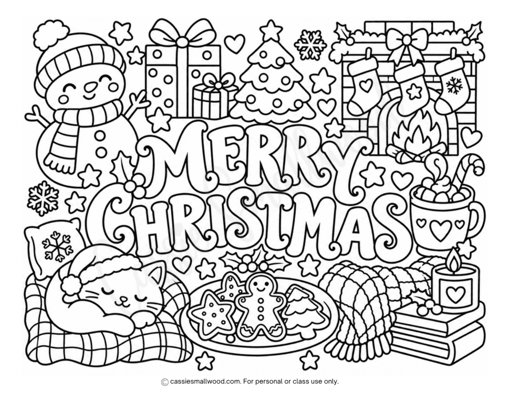 cozy Merry Christmas coloring page free printable pdf, cozy holiday coloring page, cozy winter coloring sheet for kids, December activities for kids, Christmas morning activity for kids