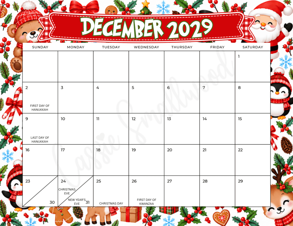 cute December 2029 wall calendar with holidays free printable pdf, month of December 2029 calendar free download, free printable 2029 monthly wall calendar pdf, cute colorful 2029 calendar free download, 2029 year calendar to print for free