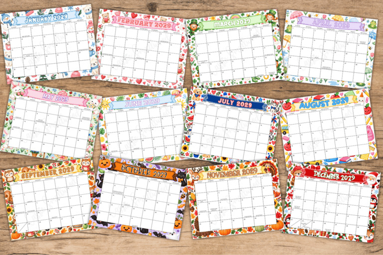 CUTE FREE Printable 2029 Monthly Calendar (With & Without Holidays)