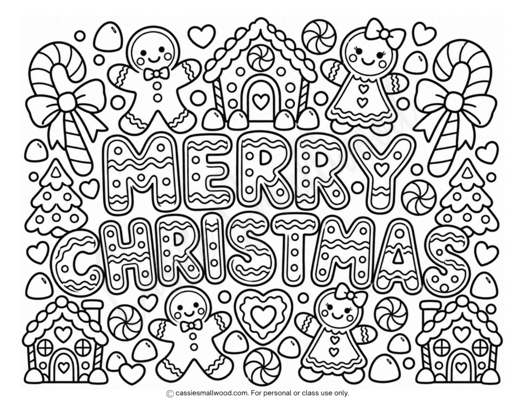 free gingerbread Merry Christmas coloring page printable pdf, cute Merry Christmas coloring sheet for kids, full page coloring page of Merry Christmas downloadable