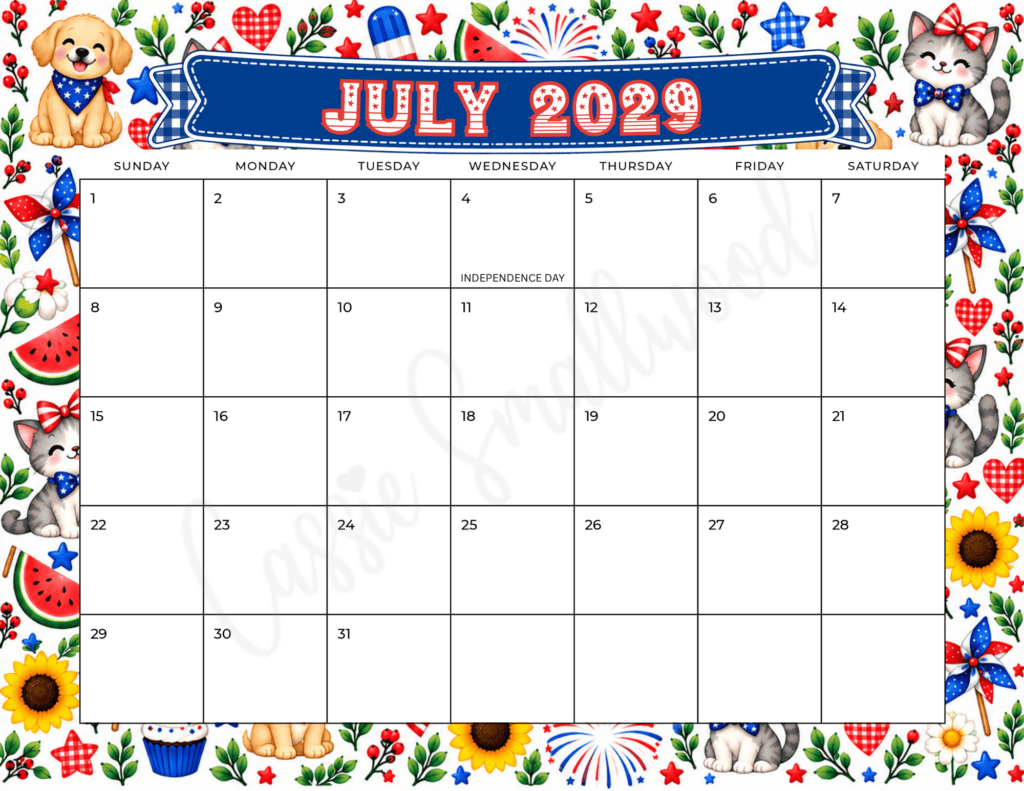 free printable July 2029 calendar with holidays pdf, cute 2029 monthly calendar free printable pdf, 12 month calendar to print for free, 2029 year calendar free download