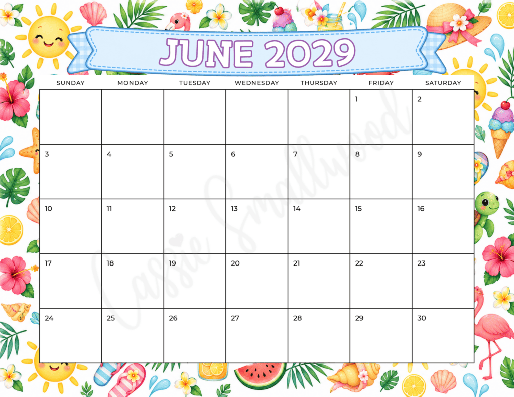 cute June 2029 calendar free printable pdf, blank 2029 calendar free printable, no holidays 2029 calendar, 2029 yearly calendar 12 month for kids