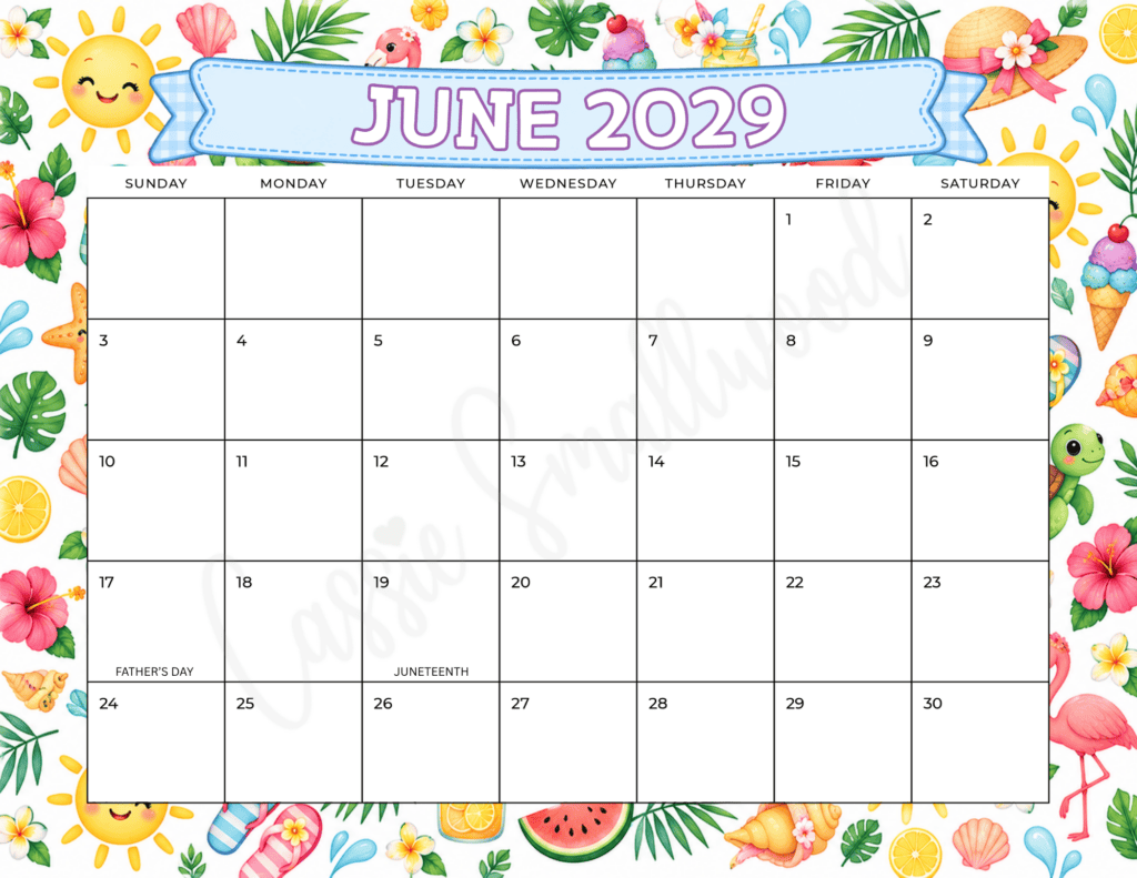 cute June 2029 calendar with holidays free printable pdf, colorful 2029 monthly calendar free printable, 2029 yearly calendar free download full page landscape horizontal classroom calendar to print for free