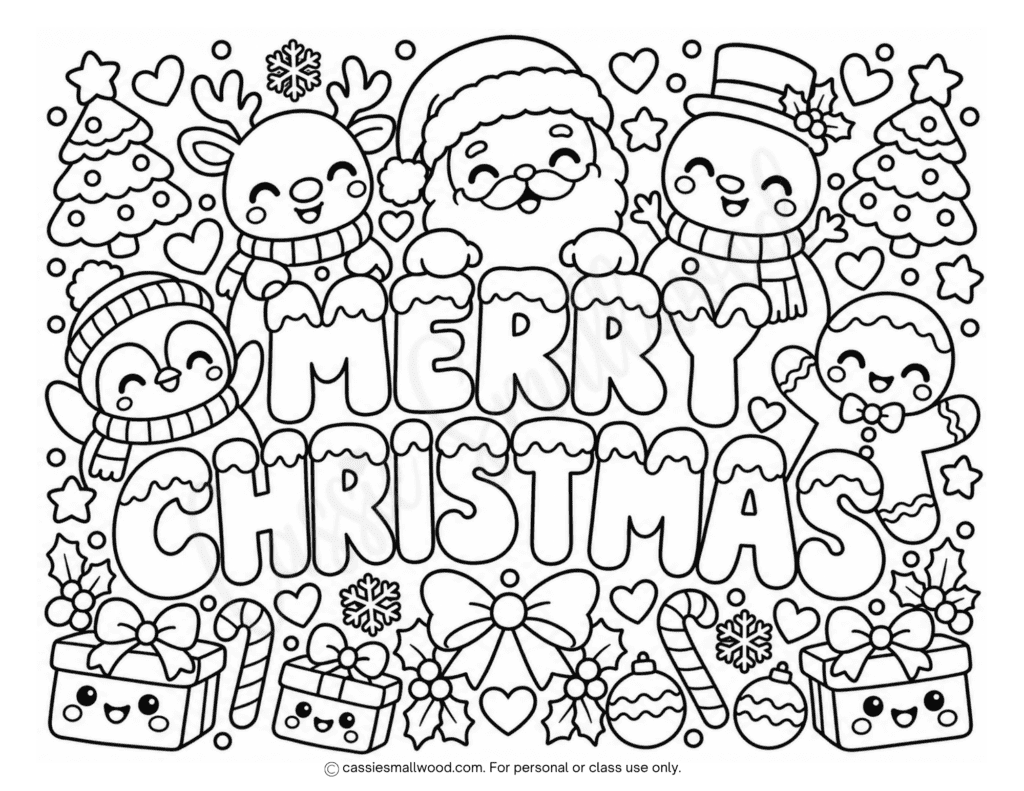 kawaii cute Merry Christmas coloring page printable free pdf, kids Christmas coloring sheet Merry Christmas, homeschool Christmas activity sheet free printable pdf