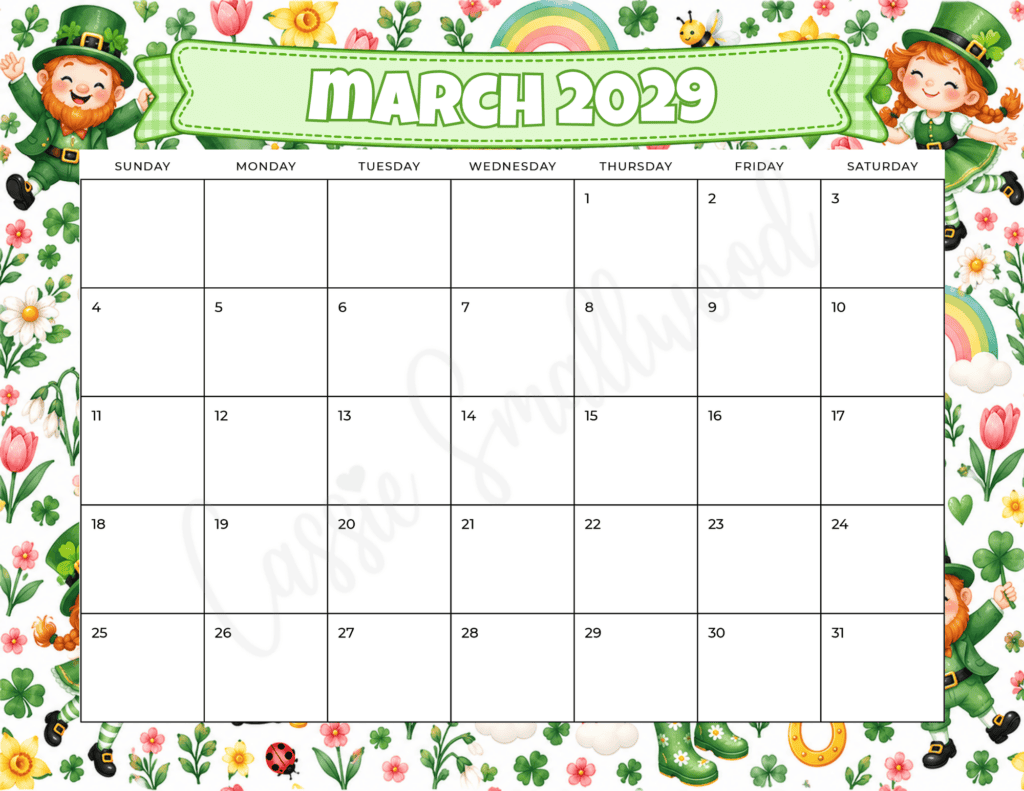 cute March 2029 calendar free printable pdf, blank 2029 calendar free printable, colorful 2029 monthly calendar landscape, 12 month classroom calendar template
