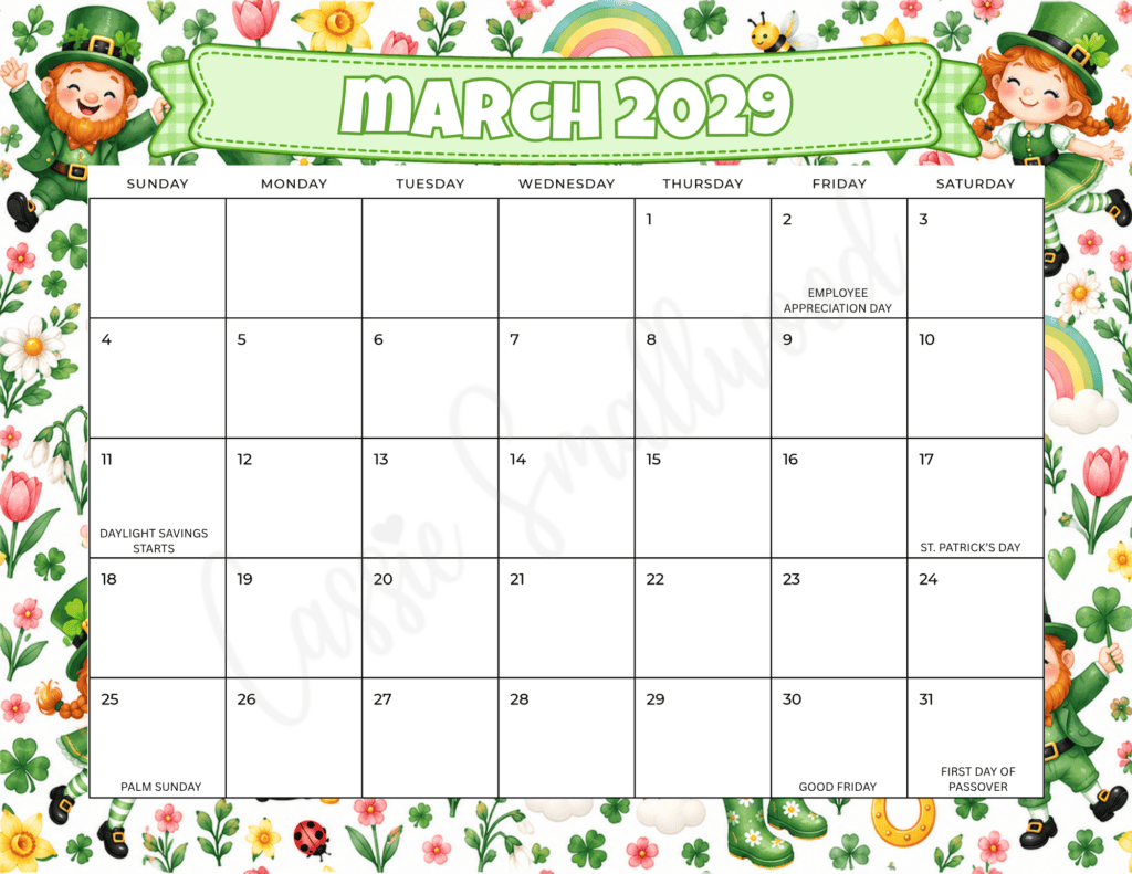 colorful March 2029 calendar with holidays free printable pdf, 2029 monthly calendar with holidays, cute 2029 landscape calendar horizontal, 12 month 2029 calendar cute free download