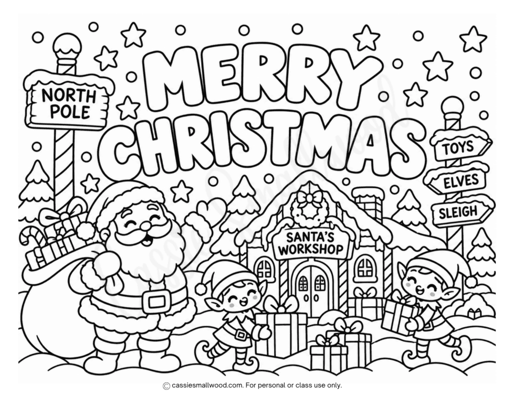 cute North Pole Merry Christmas coloring page free printable pdf, fun Merry Christmas coloring sheet for kids, Santa Claus coloring page, Santa's workshop coloring page, Christmas coloring page Santa cute