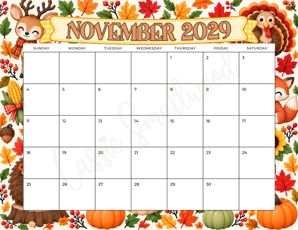cute November 2029 calendar free printable pdf, blank 2029 calendar template, monthly calendar 2029, landscape wall calendar 2029 colorful