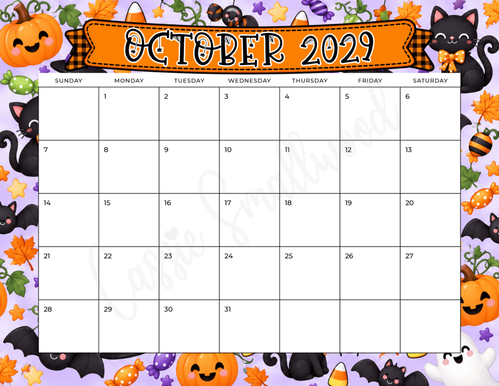 free printable October 2029 calendar pdf, cute 2029 blank wall calendar free printable pdf, 12 month calendar no holidays landscape horizontal full page, classroom calendar 2025
