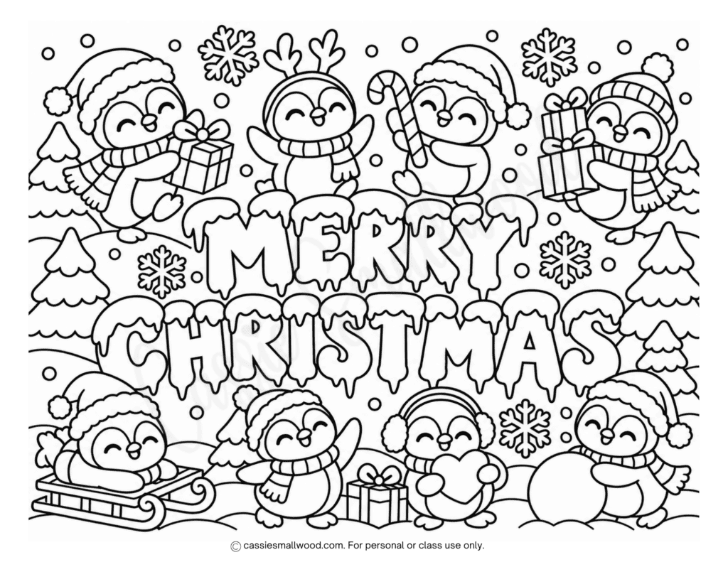 cute penguin Merry Christmas coloring page printable pdf free, kawaii Christmas coloring page for kids, Christmas morning activity for kids, classroom Christmas activities for kids