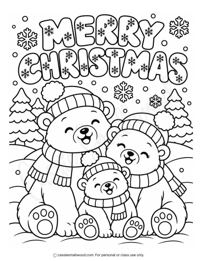 polar bear Merry Christmas coloring page free printable pdf, cute teddy bear Christmas coloring sheet, Christmas bear coloring page, holiday coloring sheets for kids, Christmas coloring activity free download