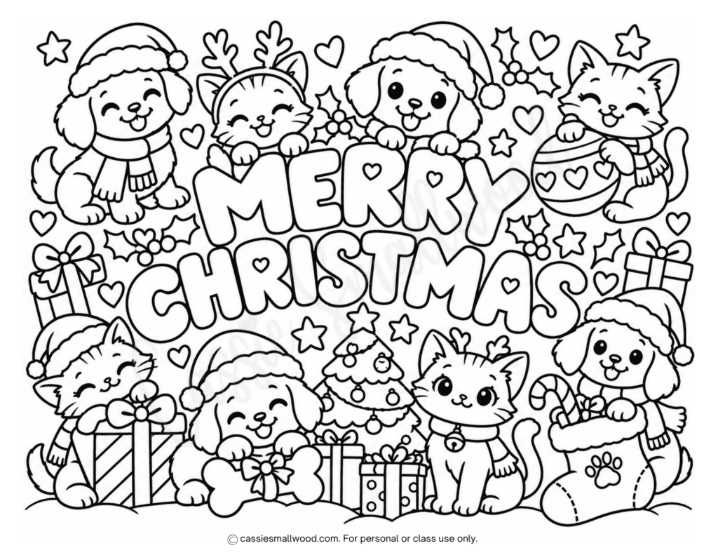 puppies and kitties Merry Christmas coloring page free printable pdf, puppy Christmas coloring page, kitty Christmas coloring page, dog Christmas coloring sheet, cat Christmas coloring sheet