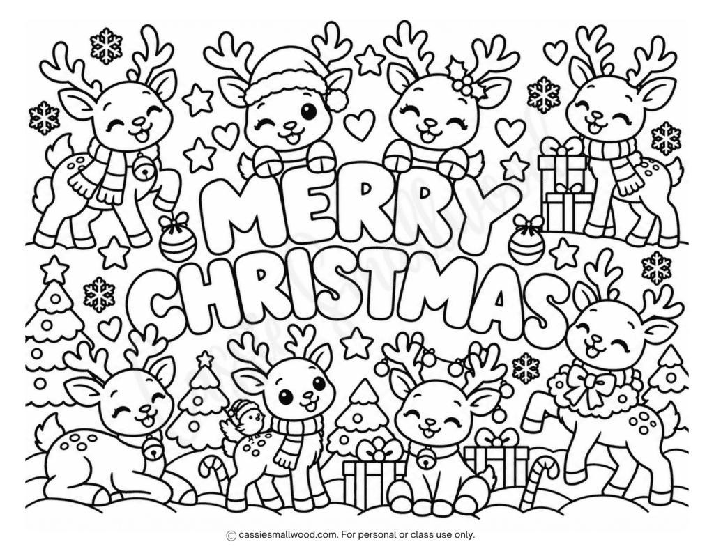 cute reindeer Merry Christmas coloring page free printable pdf, kawaii reindeer Christmas coloring sheet, cute reindeer coloring page, fun Christmas coloring page for kids
