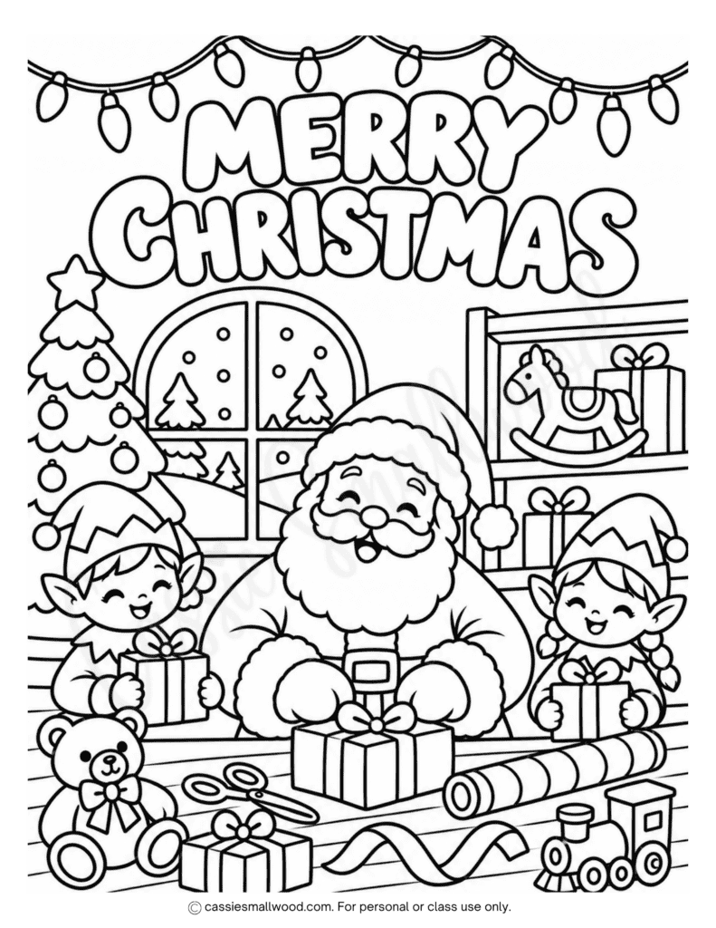 free printable Santa and elves Merry Christmas coloring page pdf, Santa's workshop coloring sheet, Santa Claus coloring page for kids, North Pole coloring page Christmas