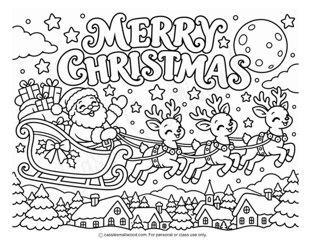 Santa and reindeer Merry Christmas coloring page free printable pdf, Santa sleigh coloring page for kids, flying Santa coloring page, fun Christmas eve coloring activity sheet for kids