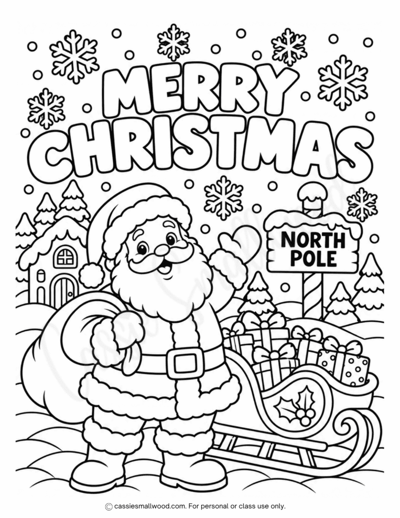 Santa and sleigh Merry Christmas coloring page, Santa Claus coloring sheet for kids, North Pole coloring page for Christmas, Santa's sleigh coloring sheet