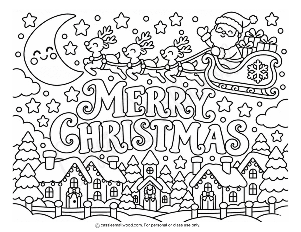 Santa flying Merry Christmas coloring page free printable pdf, Santa in his sleigh Christmas coloring page for kids, cute Christmas coloring sheet Santa Claus