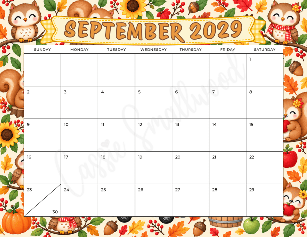 cute September 2029 blank calendar free printable pdf, cute 2029 monthly calendar template, free download 2029 calendar 12 month no holidays