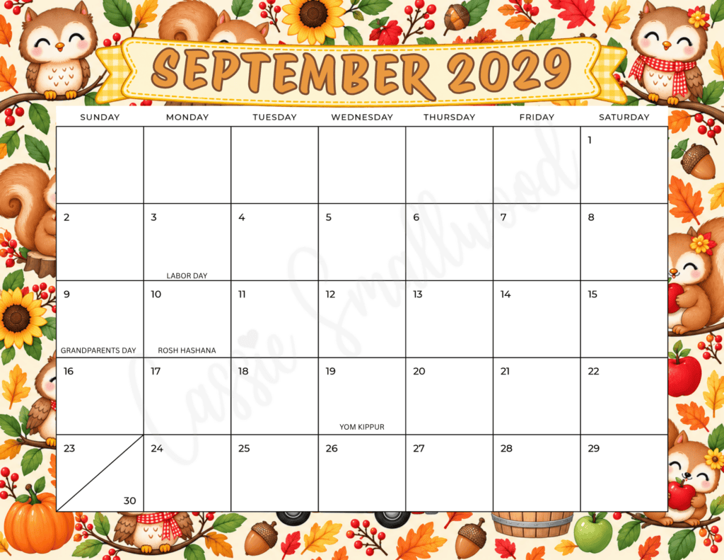 cute free printable September 2029 calendar with holidays pdf, colorful 12 month calendar 2029 free printable pdf, 2029 monthly calendar with holidays to print for free, downloadable 2029 calendar landscape horizontal full page