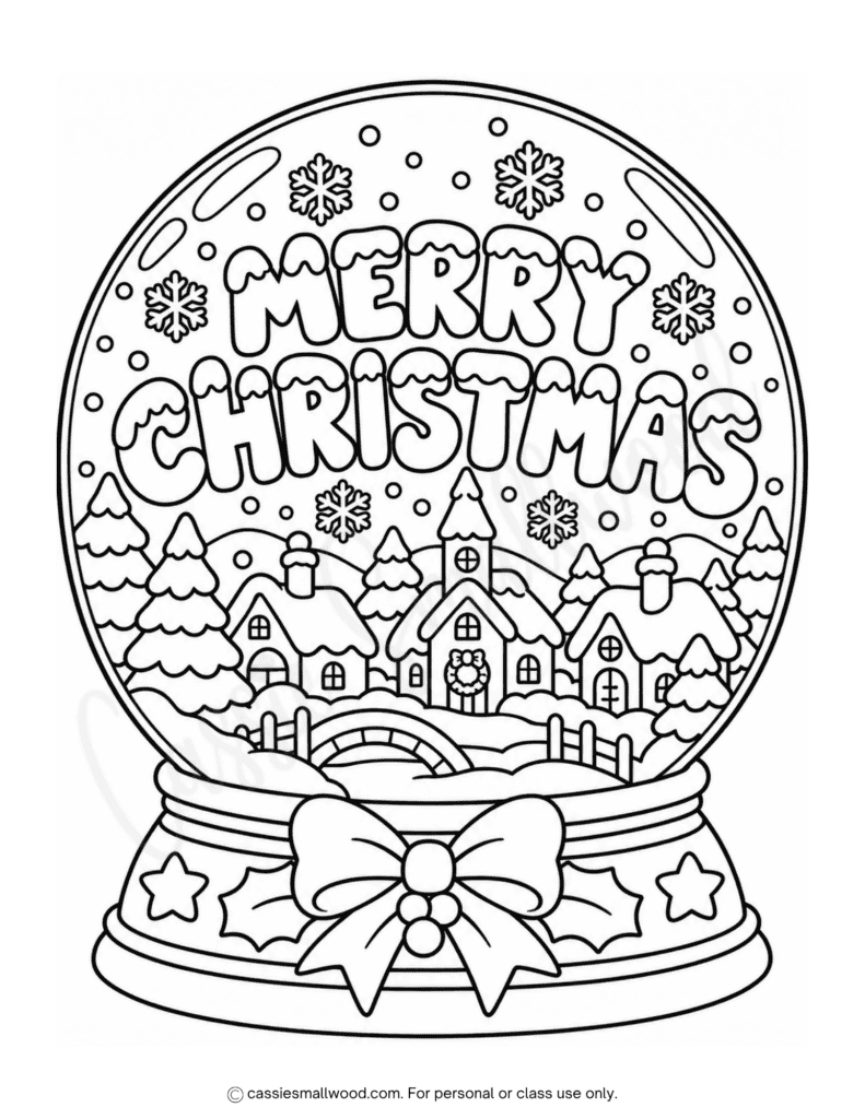 snow globe Merry Christmas coloring page free printable pdf, Christmas snow globe coloring page for kids, cute holiday coloring page for children, classroom Christmas activity early finisher