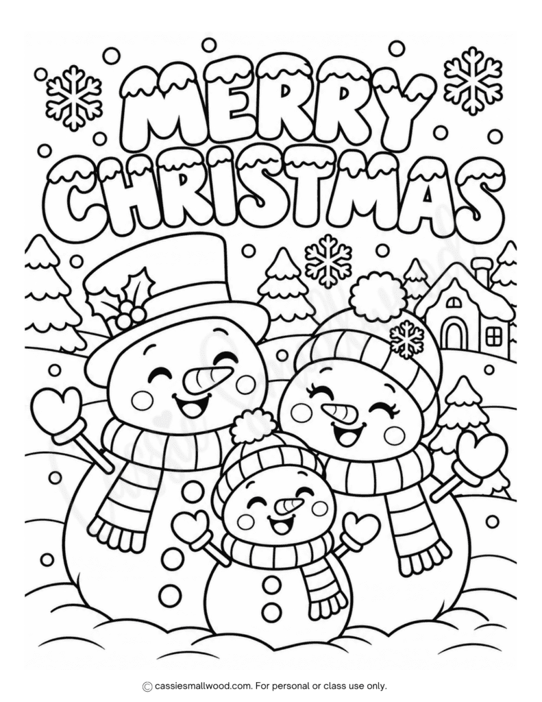cute snowman Merry Christmas coloring page free printable pdf, kawaii snowman coloring page Christmas, holiday coloring page for kids, preschool Merry Christmas coloring page toddlers kindergarten