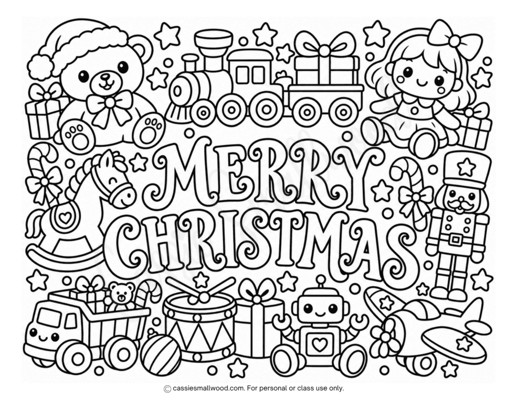 cute toys Merry Christmas coloring page, Santa's workshop coloring page, Christmas coloring activity for kids, homeschool Christmas activity sheet, kawaii Christmas coloring sheet