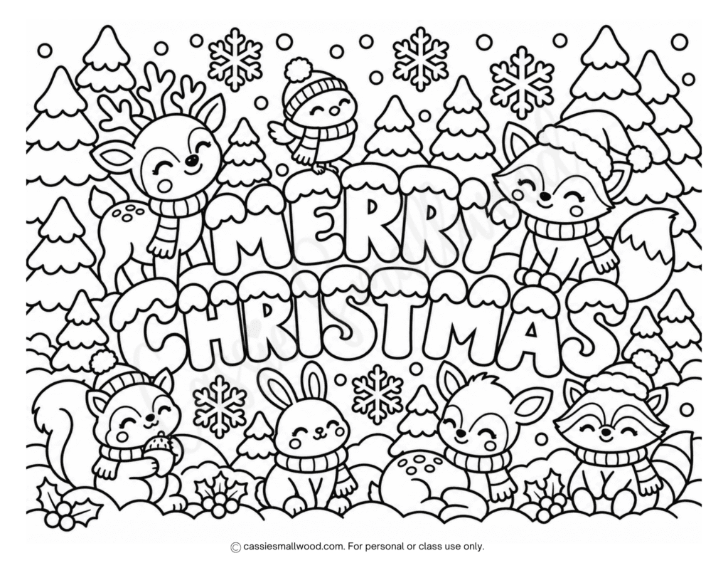 cute woodland animals Merry Christmas coloring page free printable pdf, cute Christmas coloring page for kids, Merry Christmas coloring sheet kawaii cute, morning quiet time activity for kids Christmas