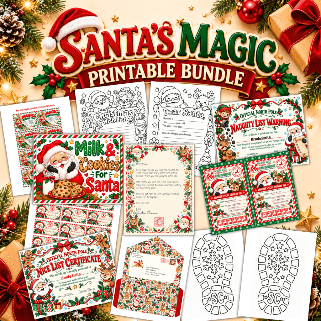 Santa's Magic Kit printables, Christmas magic for kids printables, editable letter from Santa template, Santa letter envelope editable printable, editable naughty list warning, editable nice list certificate, letter to Santa template, Santa shipping labels editable template, printable Christmas wish list, Santa footprint stencil, cookies for Santa sign printable pdf, magic reindeer food tags printable pdf, editable gift tags from Santa Claus
