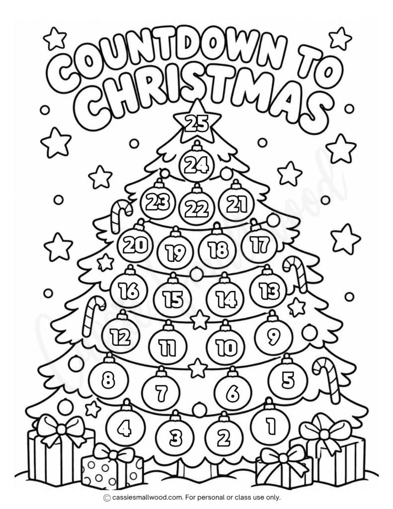 25 day countdown to Christmas calendar coloring page free printable pdf, 25 day coloring Christmas countdown calendar template for kids fun, preschool Christmas tree countdown calendar school family