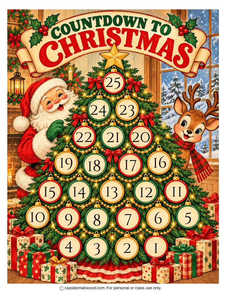 25 day vintage Christmas countdown calendar free printable pdf, Countdown to Christmas calendar free download, Santa, reindeer, Christmas tree Days Until Christmas calendar to print for free