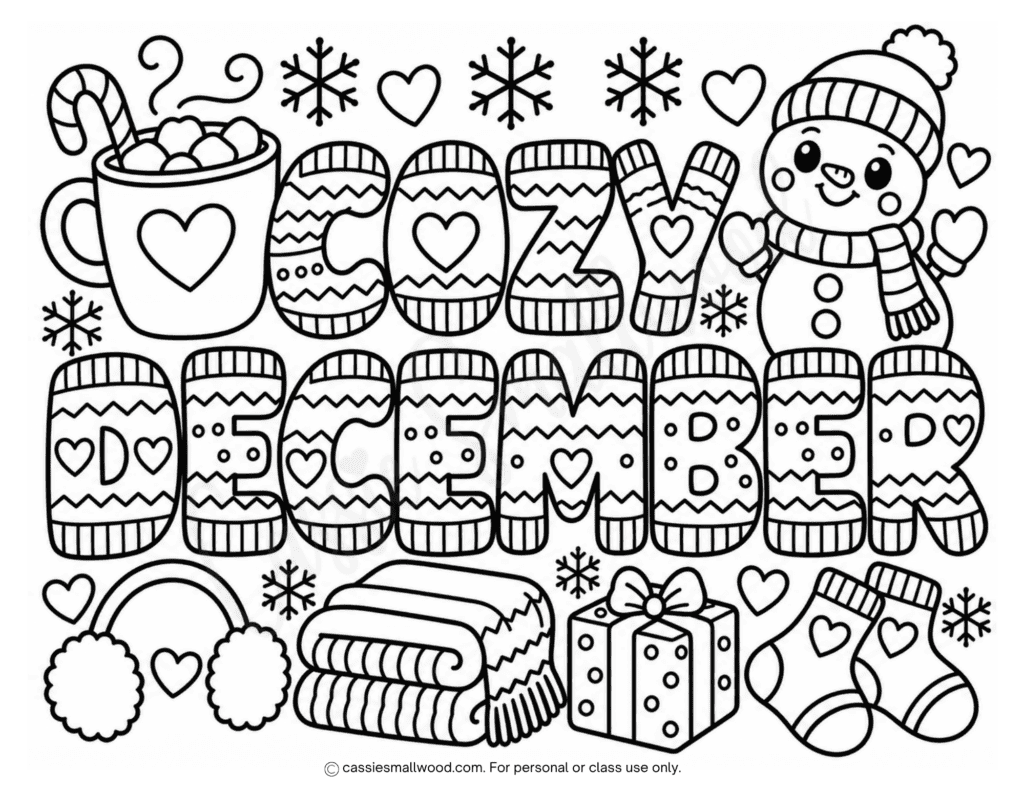 cute cozy December coloring page free printable pdf, fun December coloring sheet for kids, children's winter December picture to color full page free download pdf