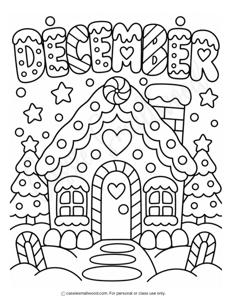 cute gingerbread house December coloring page free printable pdf, easy gingerbread house coloring page preschool, simple gingerbread house coloring sheet toddlers, fun December coloring sheet for kids free download