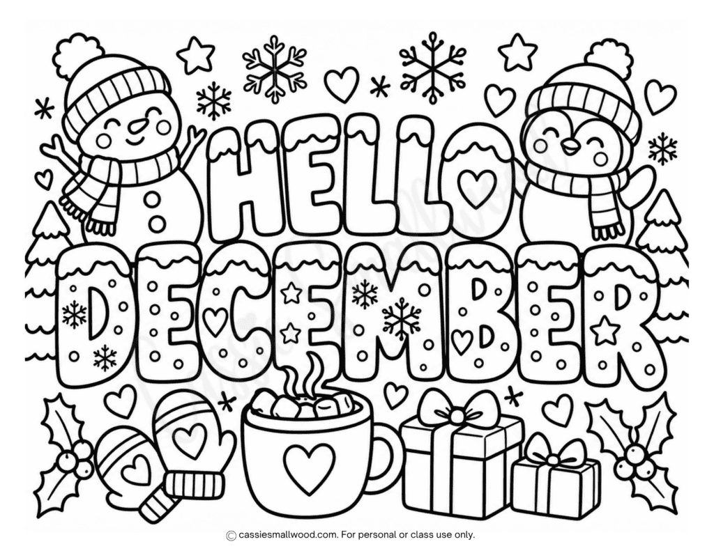 cute Hello December coloring page free printable pdf, winter coloring page for kids, children's December coloring sheet free download