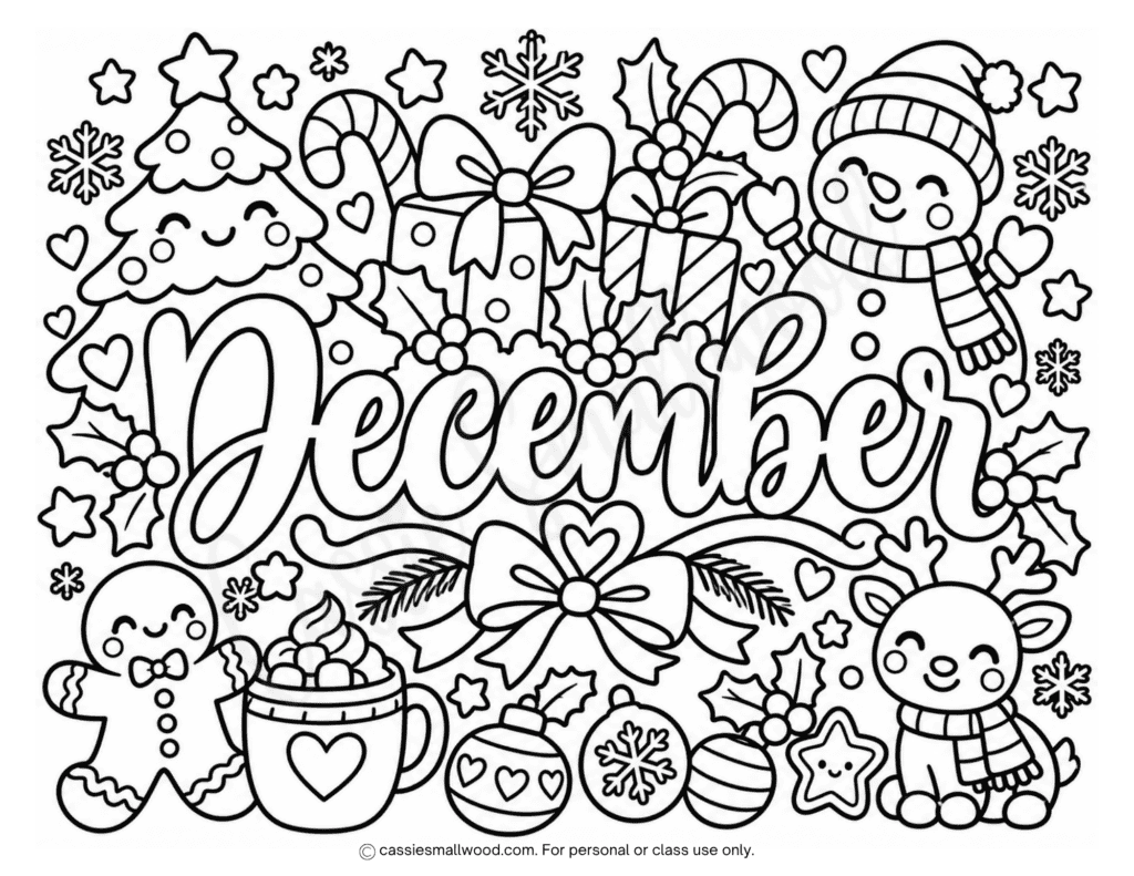 cute kawaii December coloring page free printable pdf, cute winter coloring sheet for kids, cute Christmas coloring page for children, snowman coloring page, kawaii winter coloring page, kawaii Christmas coloring page
