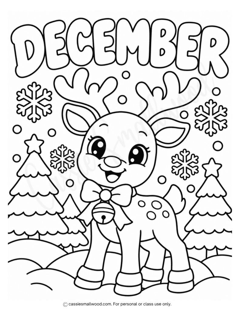 cute reindeer December coloring page free printable pdf, easy December coloring page preschool, simple reindeer coloring page toddlers, Rudolph coloring sheet for kids kindergarten